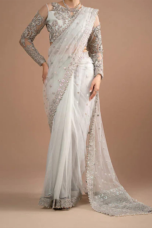 Imrozia Luxury Net Hand Work Embroidered Saree Stitched