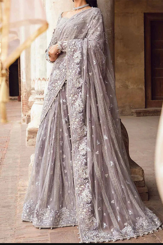 Maria B Luxury Net Purple Embroidered Saree Stitched