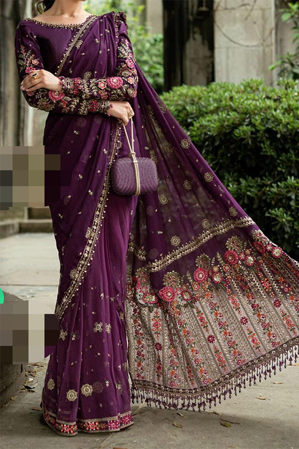 Maria.B Soiree Embroidered Chiffon Saree 3 Piece Stitched