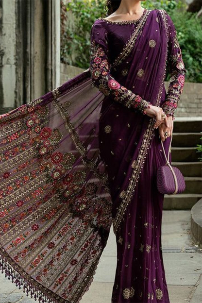 Maria.B Soiree Embroidered Chiffon Saree 3 Piece Stitched