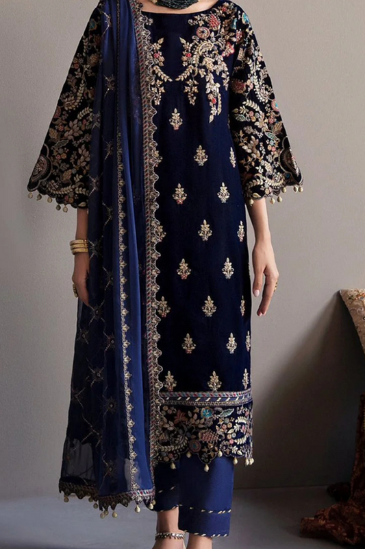 Emaan Adeel Blue Luxury Velvet Dress Embroidered 3 Piece Unstitched